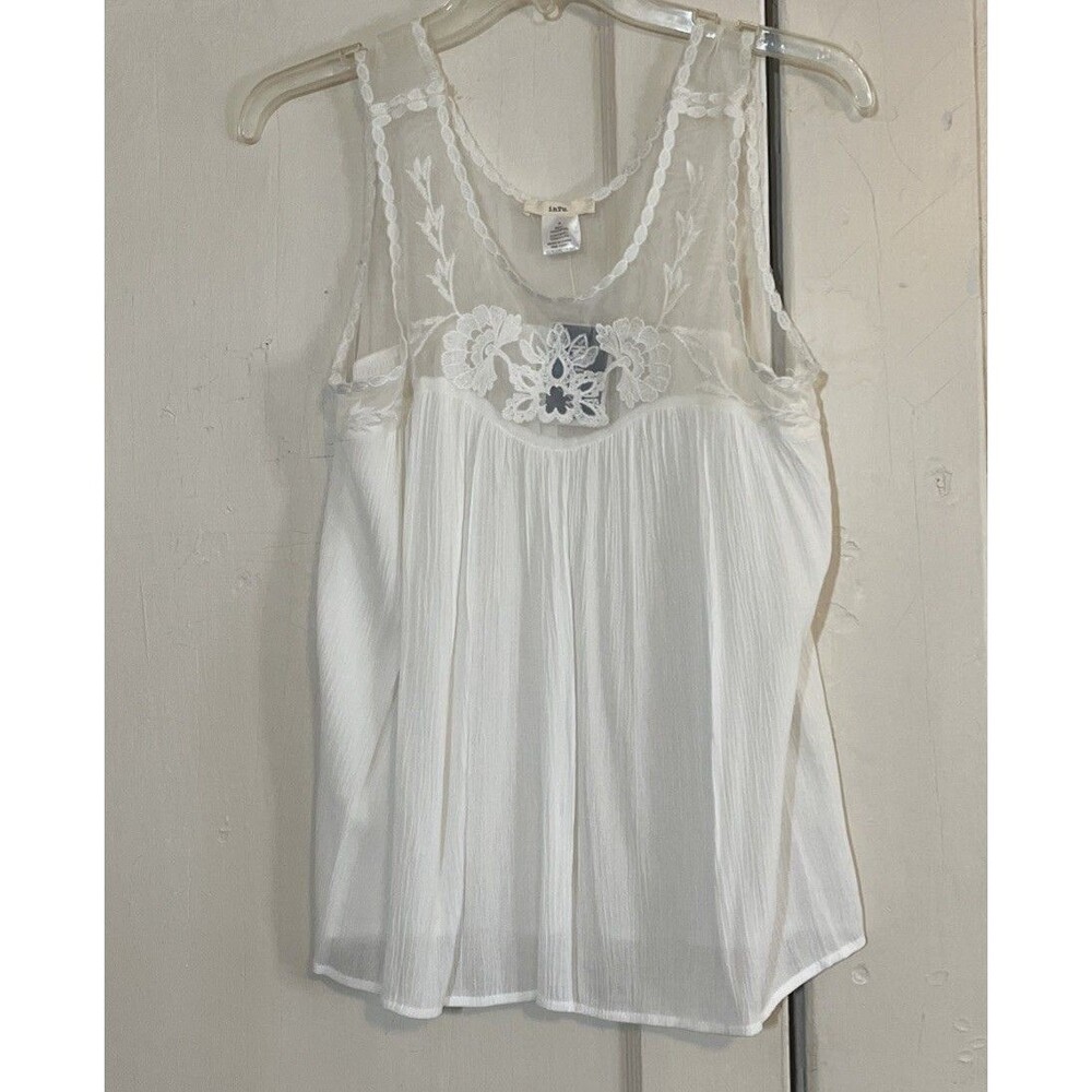 InTu Womens M Baby Doll Top Ivory Sheer Floral Lace Boho Chic Sexy Pleated Tank